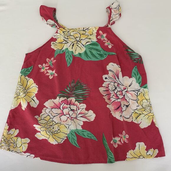 Old Navy Top Women M Raspberry Pink Floral Linen Flutter Tank Tropical Summer - Picture 2 of 6